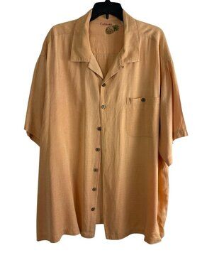 Caribbean Mens Shirt Size 3X Button Down Orange/Peach Silk Short Sleeve Silk